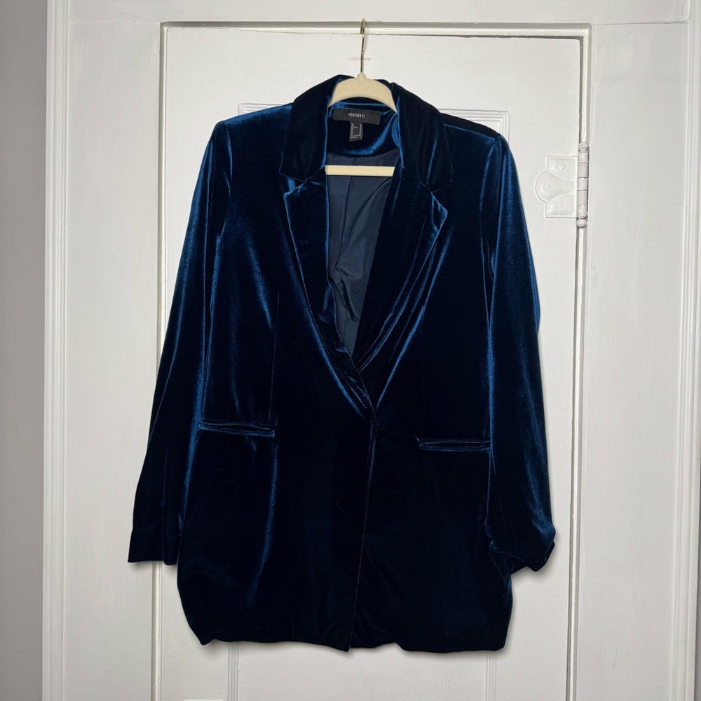 Forever 21 Oversized Velvet Blazer Jacket Blue Cocktail Medium - Picture 2 of 14